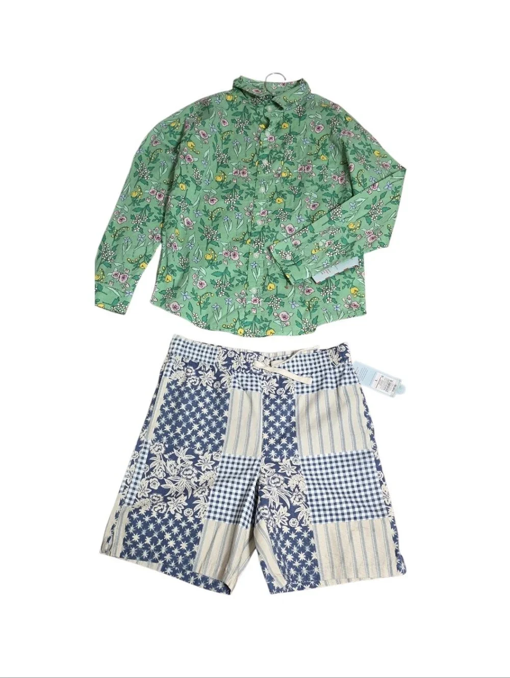 Kids Floral Green Blouse Top with Blue Patchwork Shorts